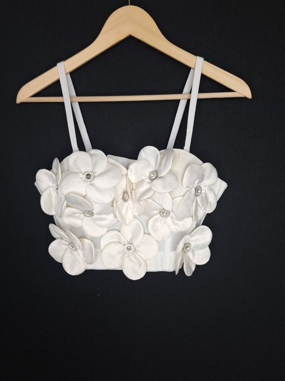 💙 White 3D Floral Appliqué Bustier Corset Crop Top Size L Rhinestone